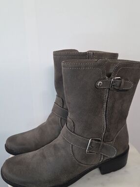 Anne Klein Gray Faux Leather Mid-Calf Buckle Boots Size 8.5